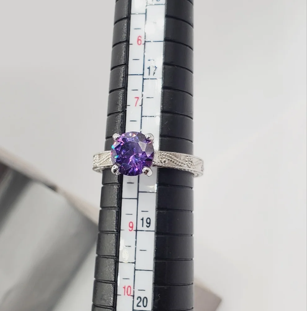 Round Amethyst Simulant Rhodium Plated Silver Tone Solitaire Ring